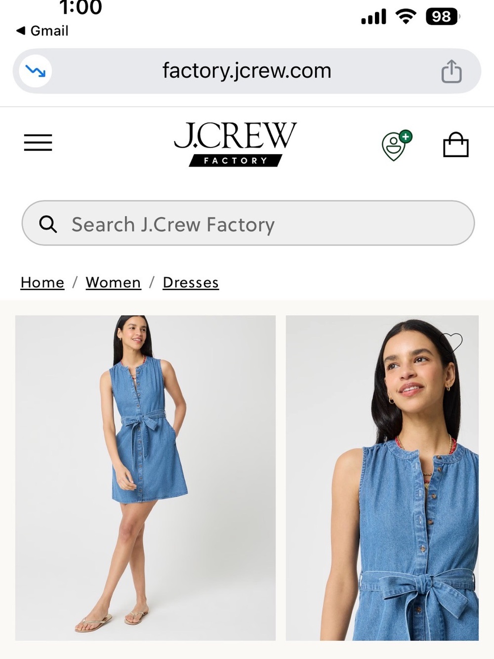 J. Crew Factory Sleeveless Chambray Tie-Waist Dress - Blue
